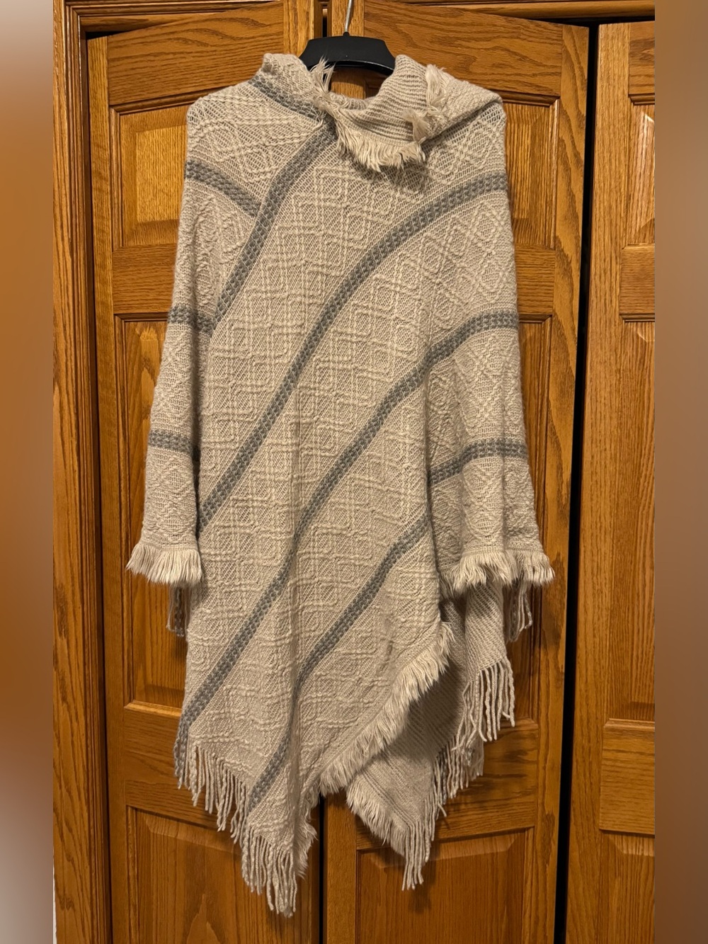 Neutral Cream and Light Gray Fringe Knit Poncho